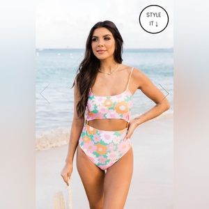 NWT You Can’t Swim With Us Floral Kelly Green One Piece Cut Swimsuit